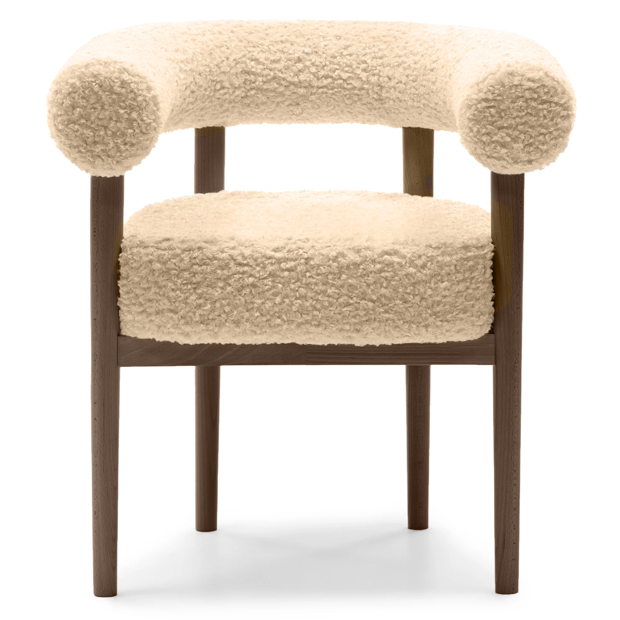 Krzesło tapicerowane Puffy, beżowe/orzech okapi, boucle, zaokrąglone