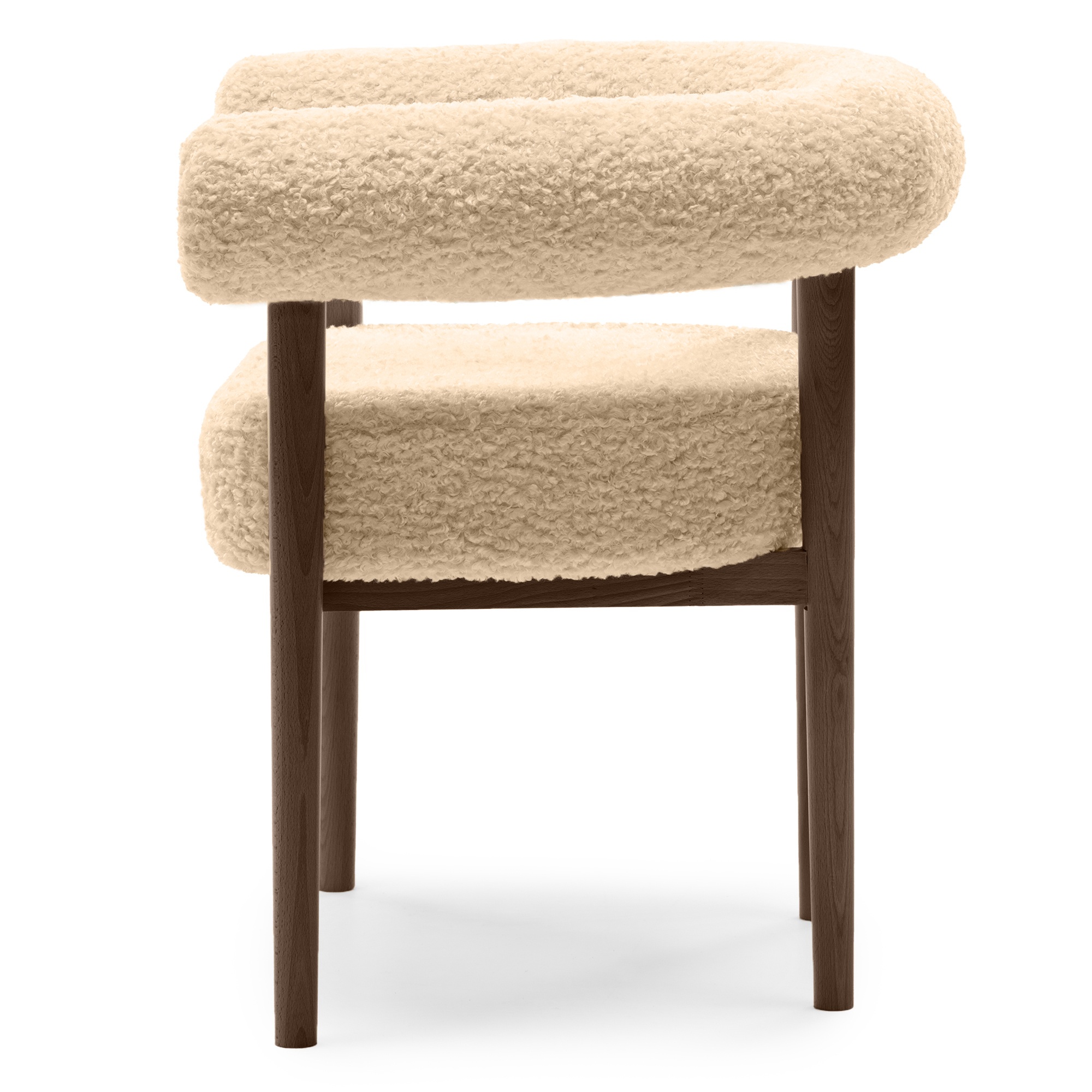 Krzesło tapicerowane Puffy, beżowe/orzech okapi, boucle, zaokrąglone