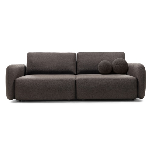 Sofa rozkładana Botse ciemnobrązowa z pojemnikiem, obłe kształty, boucle