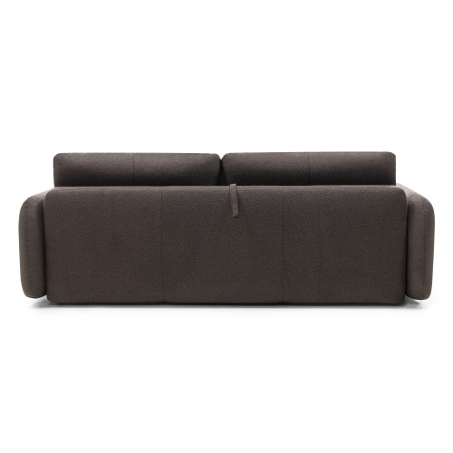 Sofa rozkładana Botse ciemnobrązowa z pojemnikiem, obłe kształty, boucle