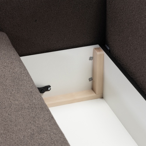 Sofa rozkładana Botse ciemnobrązowa z pojemnikiem, obłe kształty, boucle