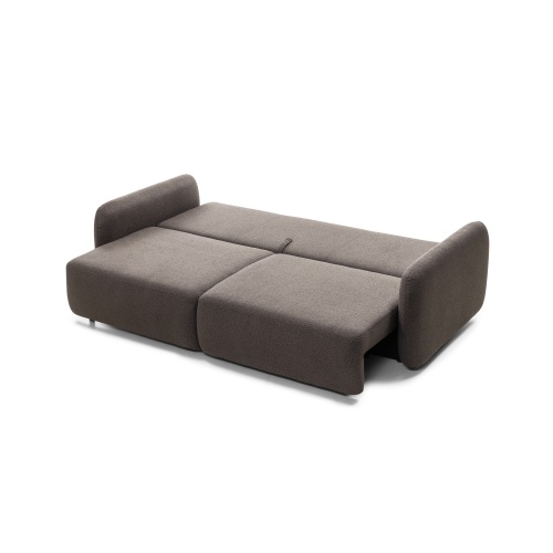 Sofa rozkładana Botse ciemnobrązowa z pojemnikiem, obłe kształty, boucle