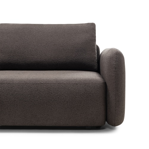 Sofa rozkładana Botse ciemnobrązowa z pojemnikiem, obłe kształty, boucle