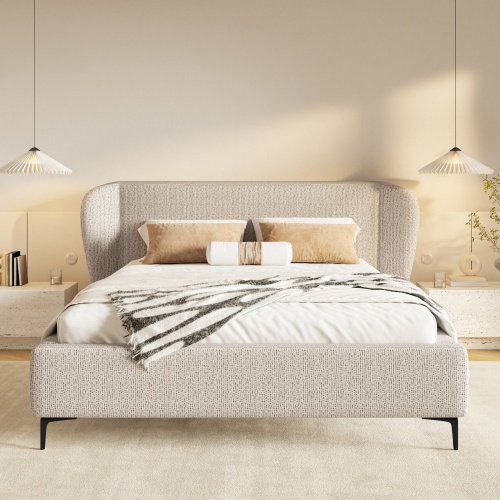 Łóżko tapicerowane Aliano 140x200 cm ze stelażem i pojemnikiem, jasnobeżowe, czarne nóżki