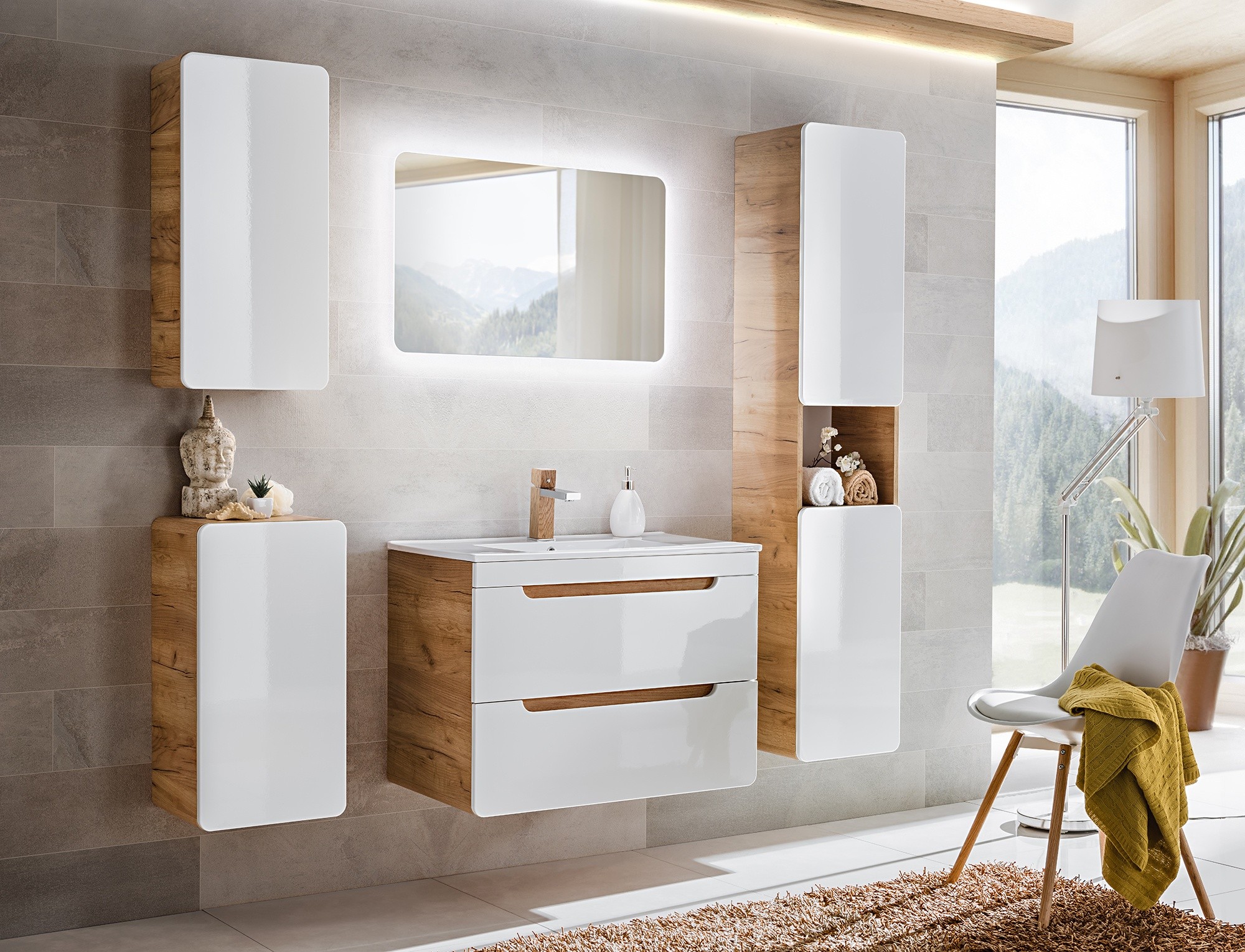 Szafka łazienkowa wisząca Aruba 75x35x22 cm biały bianco/dąb craft złoty