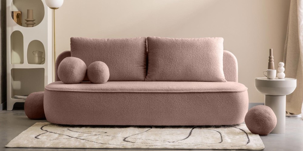 Sofa z funkcją spania i pojemnikiem Bella różowa, boucle