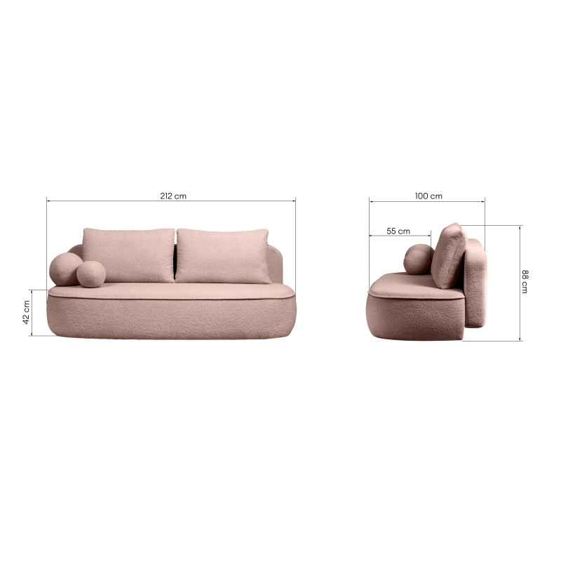 Sofa z funkcją spania i pojemnikiem Bella różowa, boucle