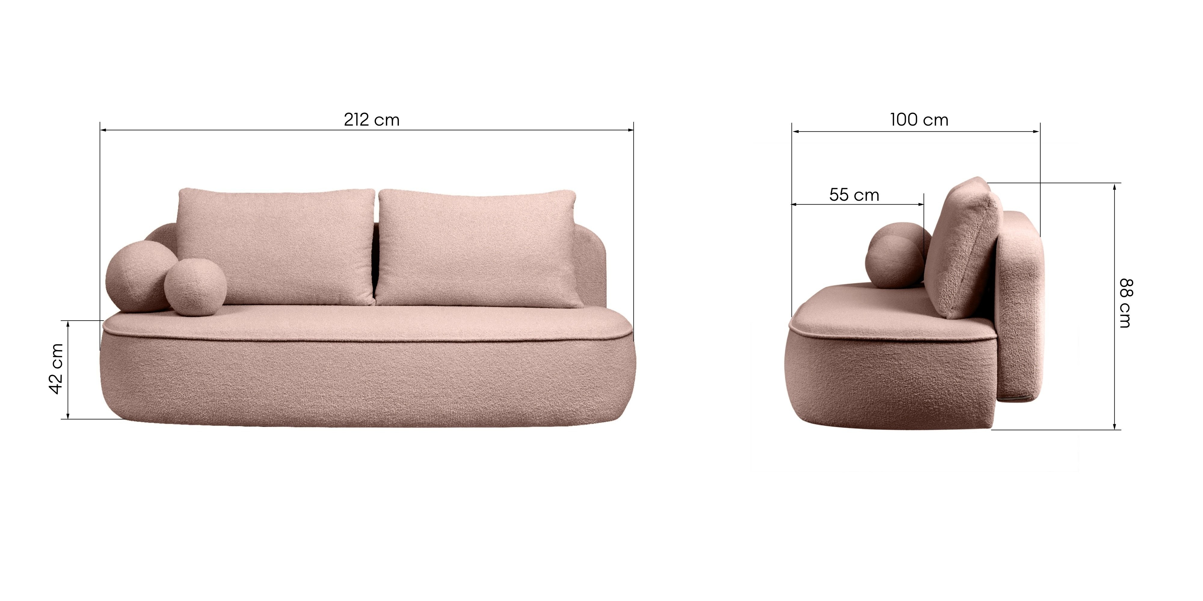 Sofa z funkcją spania i pojemnikiem Bella różowa, boucle