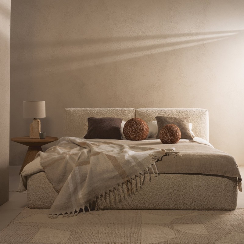 Łóżko tapicerowane 160x200 cm Sonno, ze stelażem i pojemnikiem, kremowe, boucle
