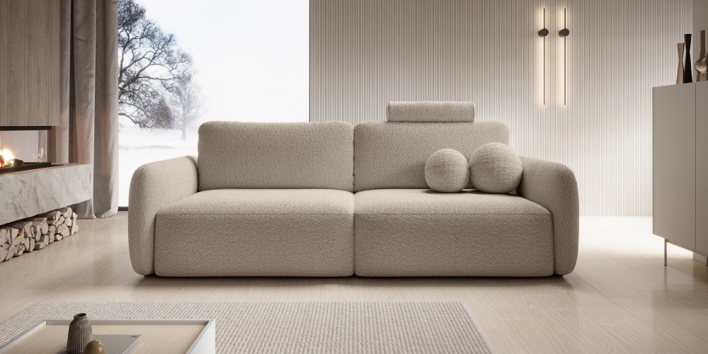 Sofa rozkładana Botse Lux z pojemnikiem, obłe kształty