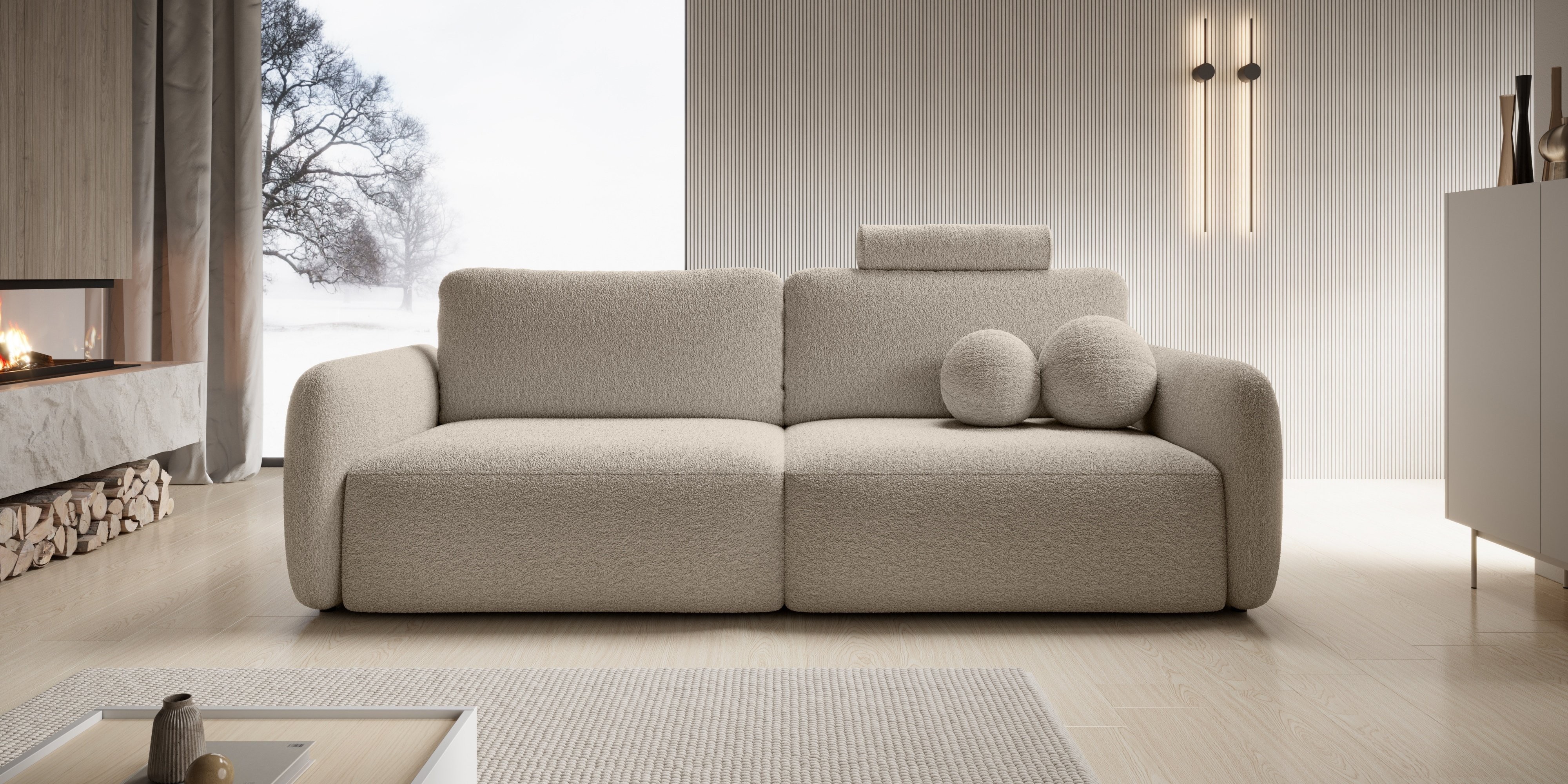 Sofa rozkładana Botse Lux z pojemnikiem, obłe kształty