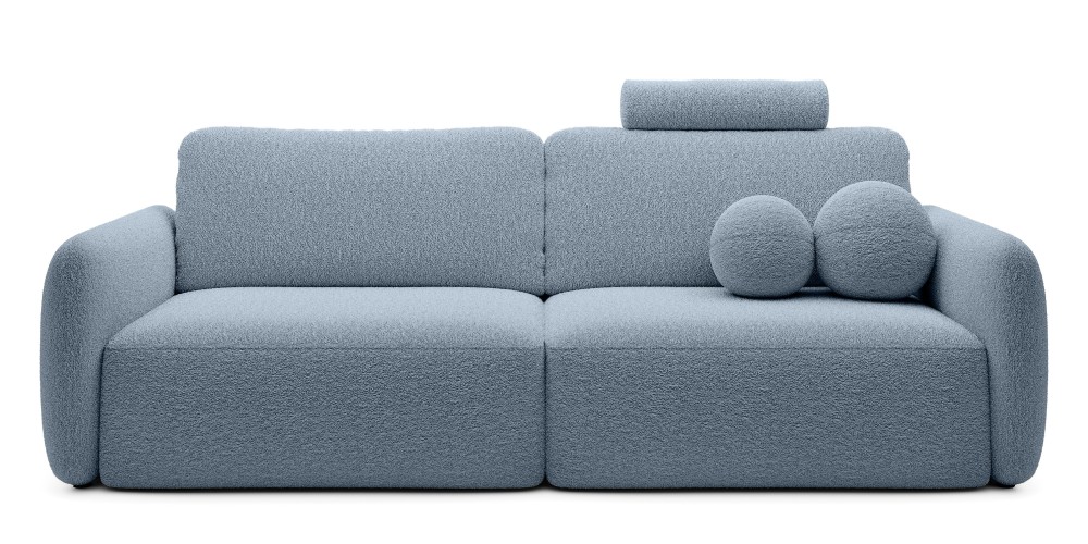 Sofa rozkładana Botse Lux z pojemnikiem, obłe kształty, niebieska, boucle