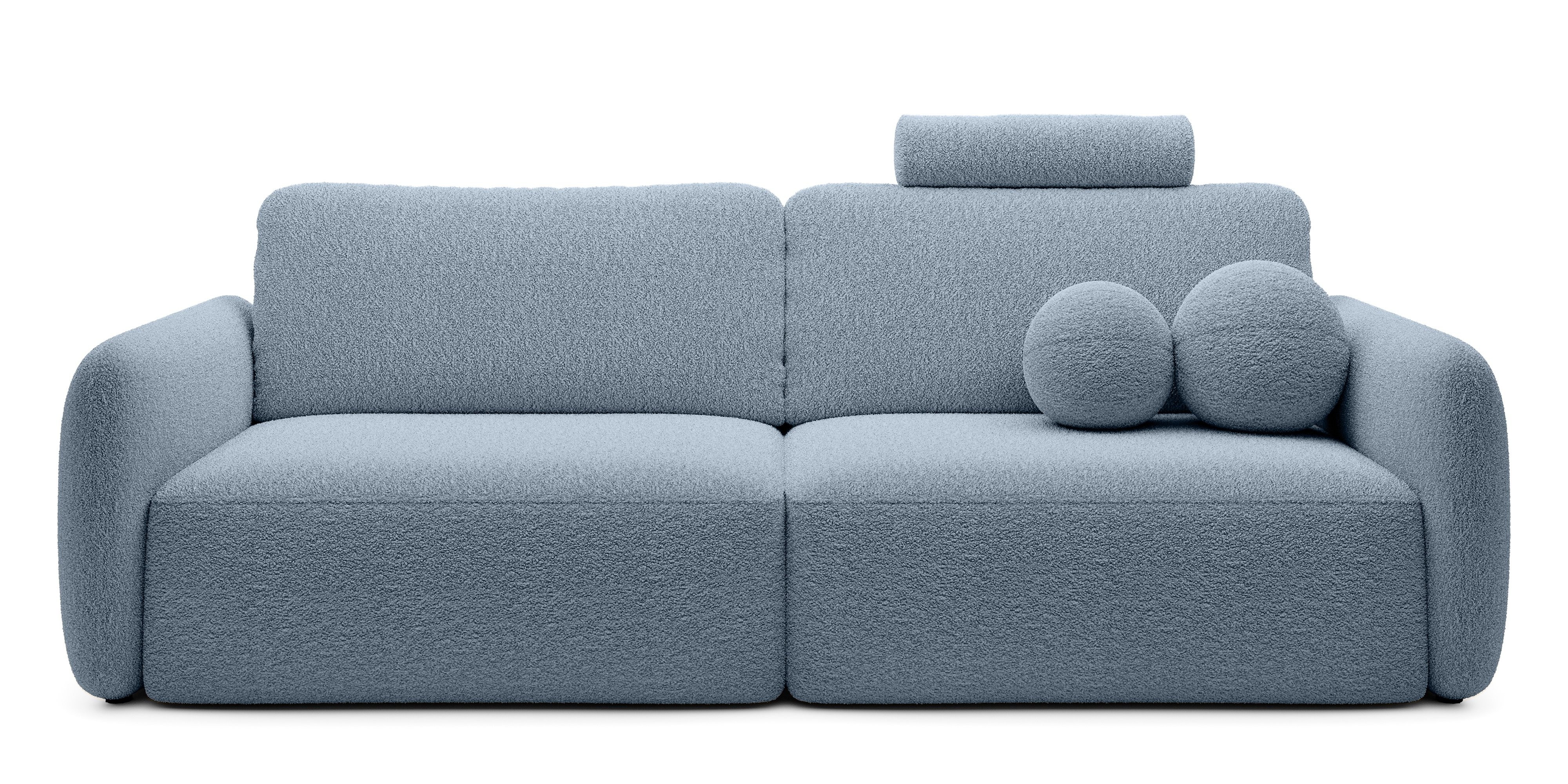 Sofa rozkładana Botse Lux z pojemnikiem, obłe kształty, niebieska, boucle