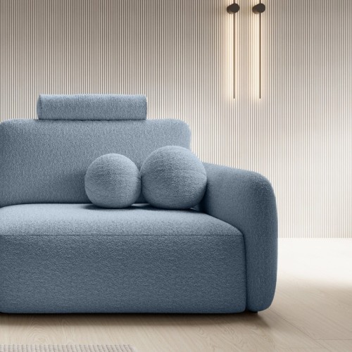Sofa rozkładana Botse Lux z pojemnikiem, obłe kształty, niebieska, boucle