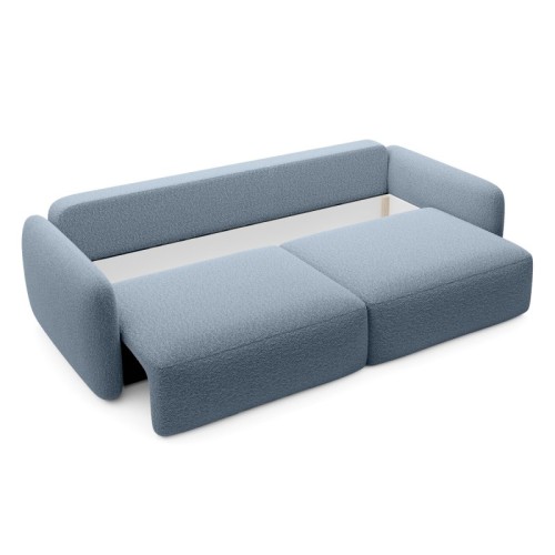 Sofa rozkładana Botse Lux z pojemnikiem, obłe kształty, niebieska, boucle
