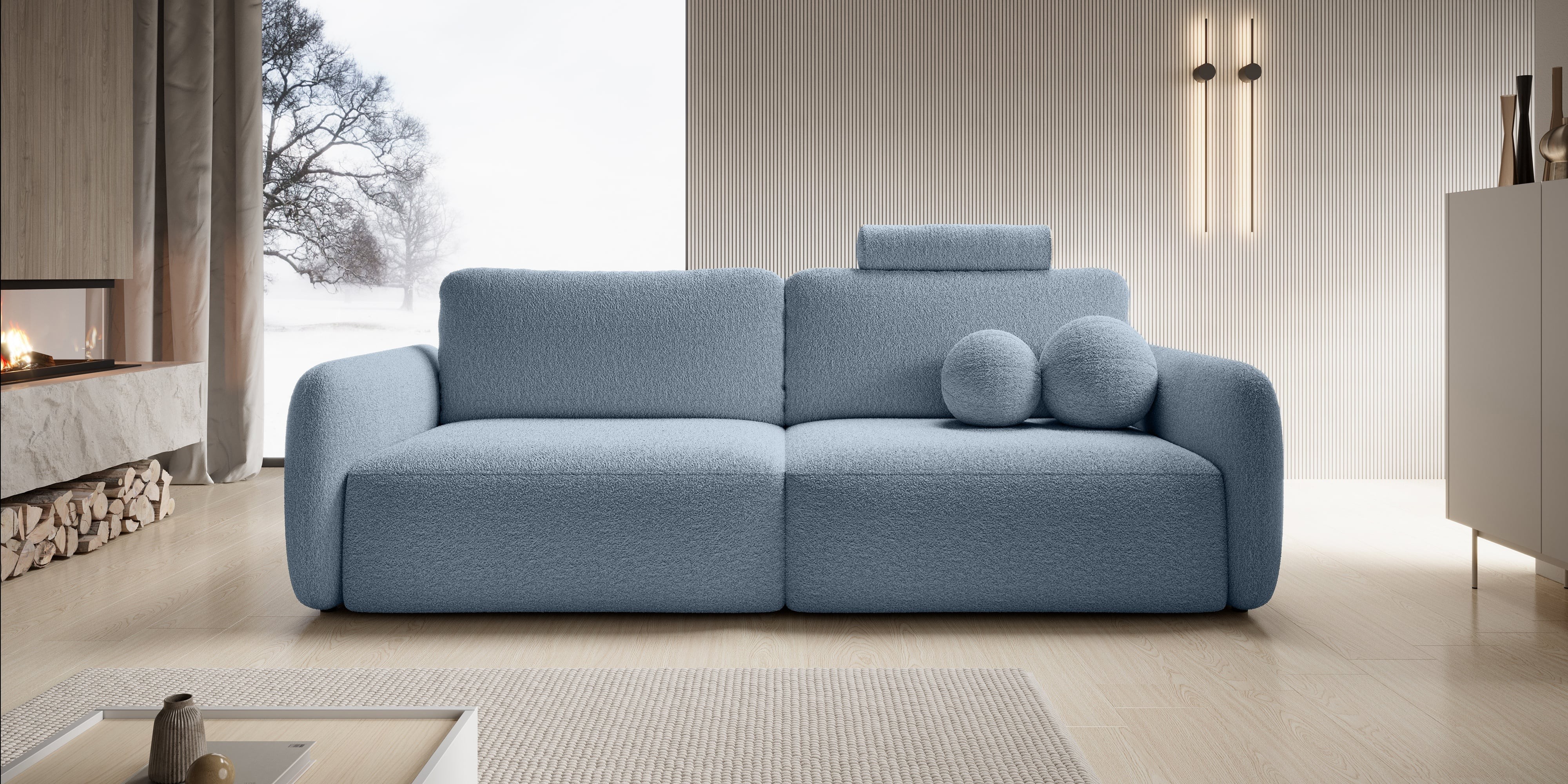 Sofa rozkładana Botse Lux z pojemnikiem, obłe kształty, niebieska, boucle