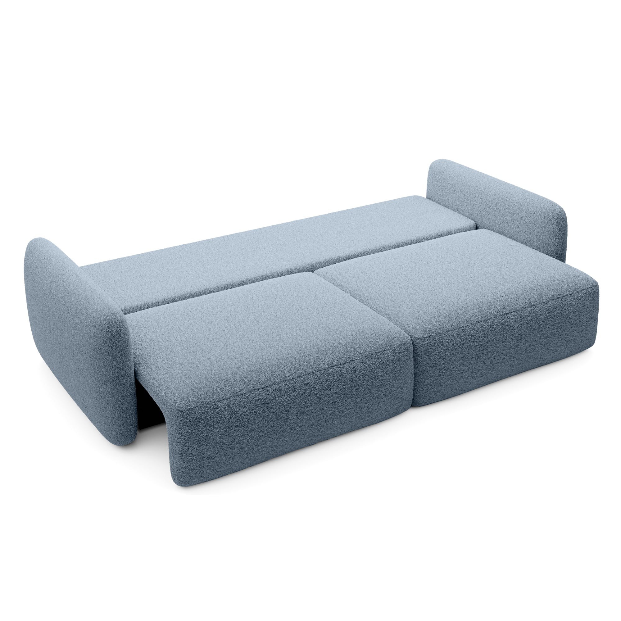 Sofa rozkładana Botse Lux z pojemnikiem, obłe kształty, niebieska, boucle