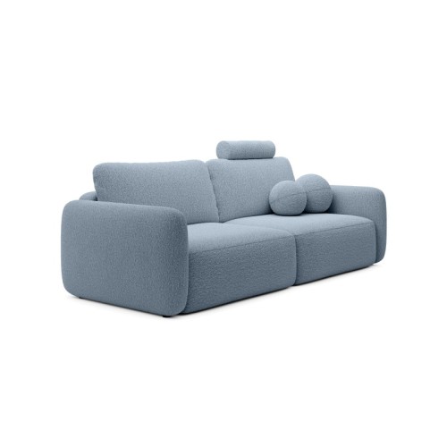 Sofa rozkładana Botse Lux z pojemnikiem, obłe kształty, niebieska, boucle