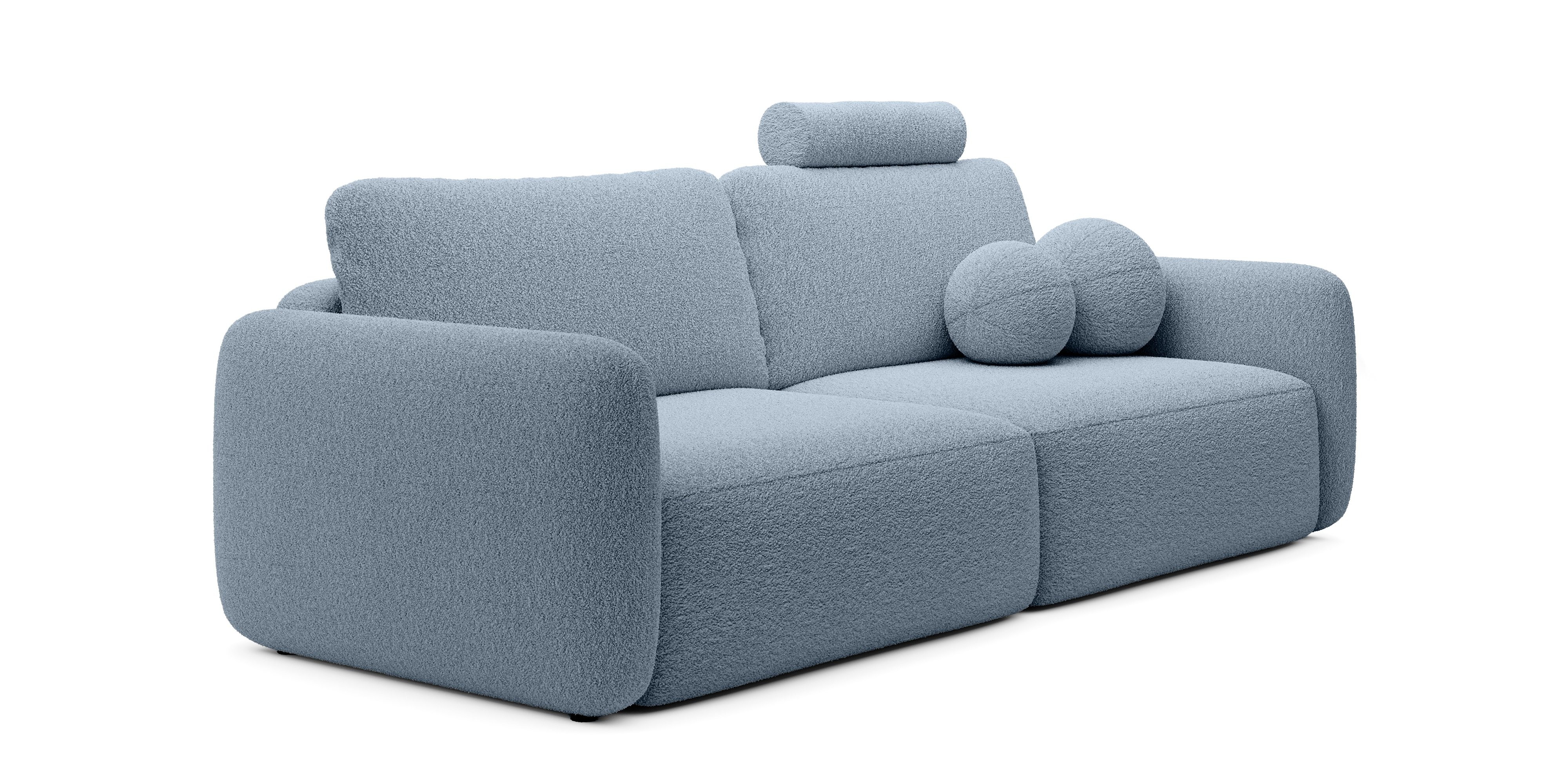 Sofa rozkładana Botse Lux z pojemnikiem, obłe kształty, niebieska, boucle