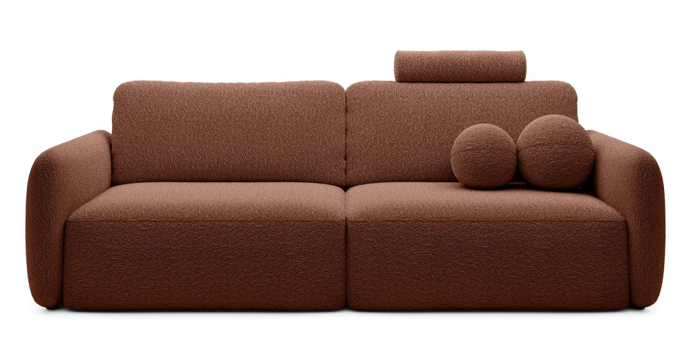 Sofa rozkładana Botse Lux z pojemnikiem, obłe kształty, miedziana, boucle