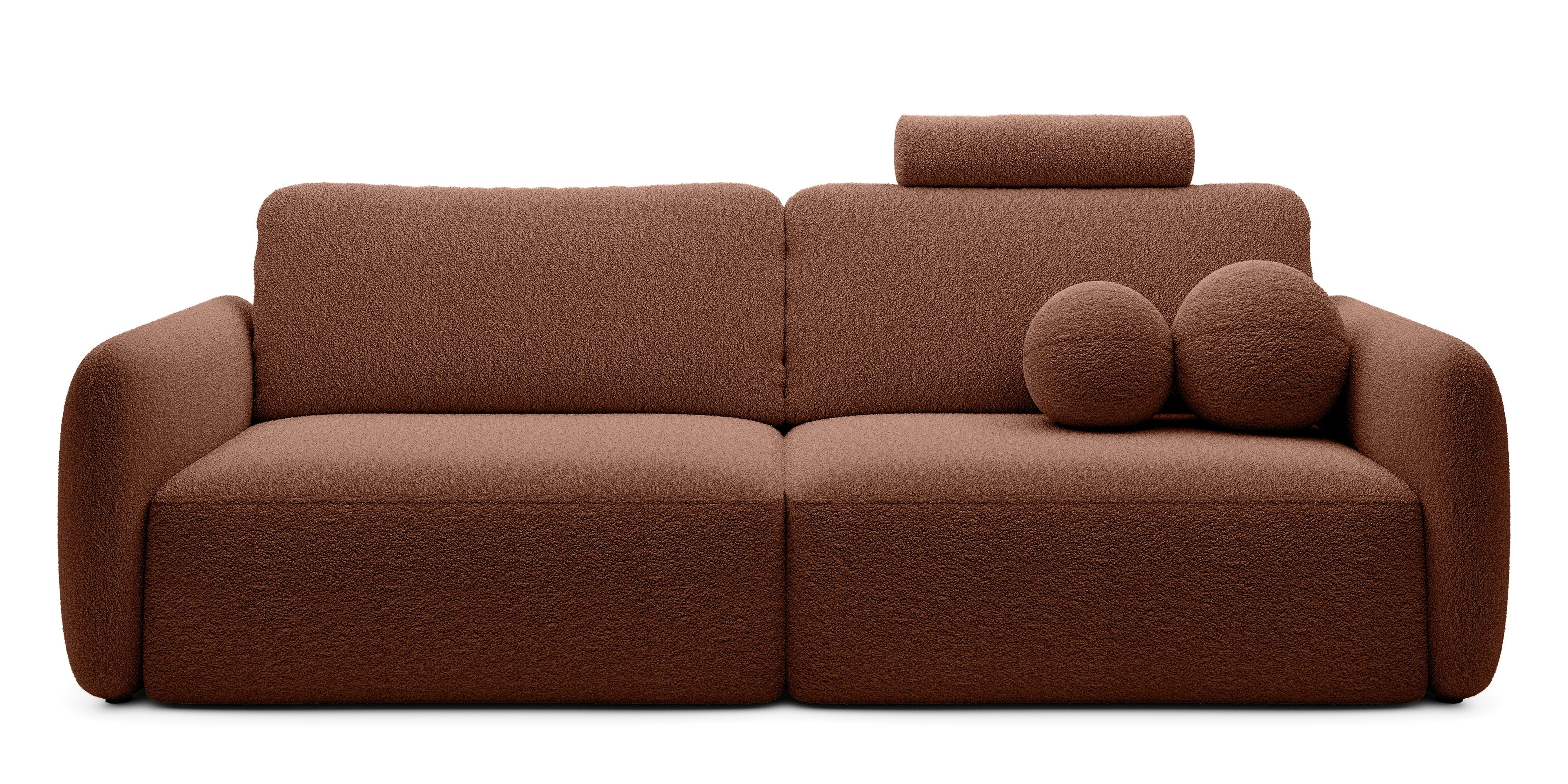 Sofa rozkładana Botse Lux z pojemnikiem, obłe kształty, miedziana, boucle