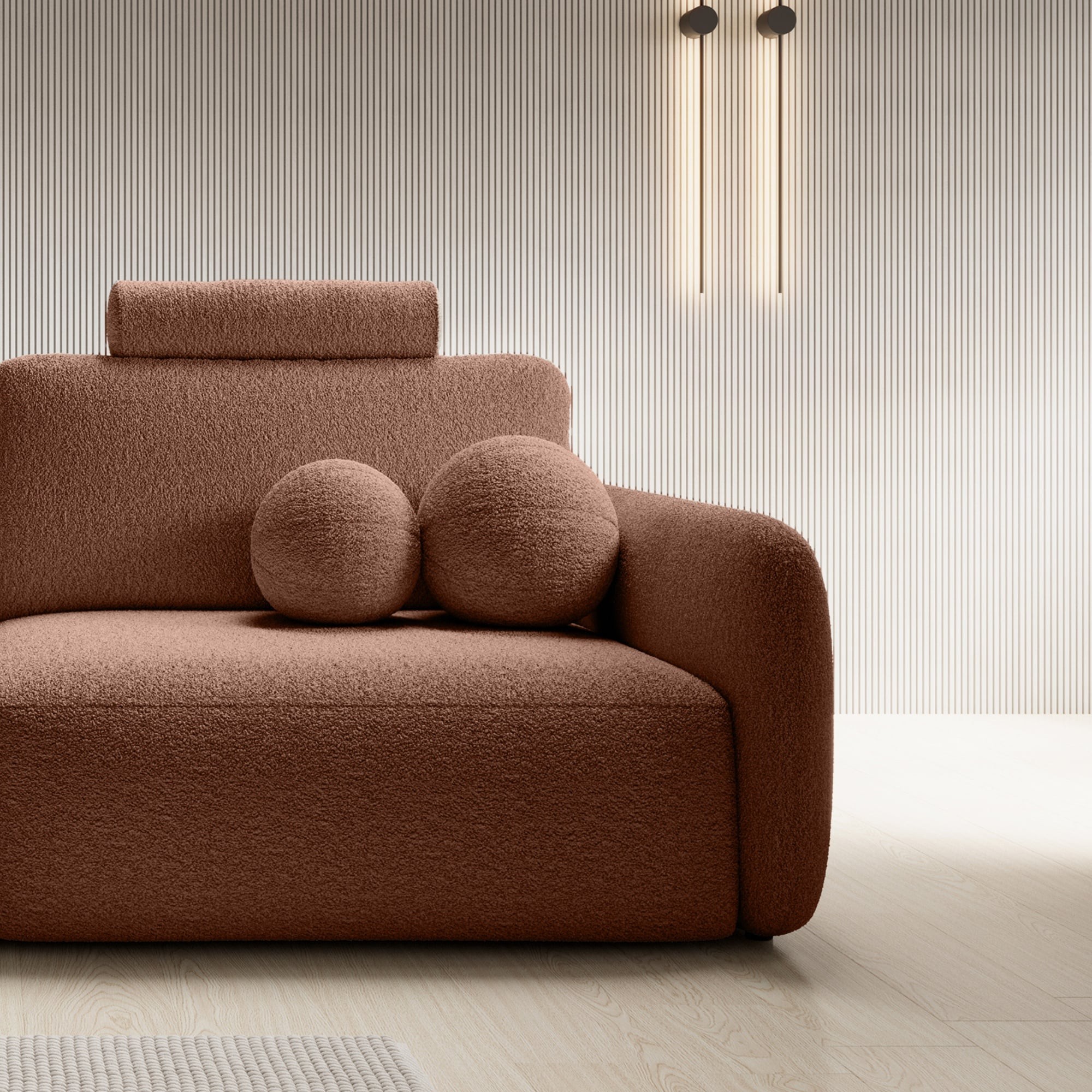 Sofa rozkładana Botse Lux z pojemnikiem, obłe kształty, miedziana, boucle