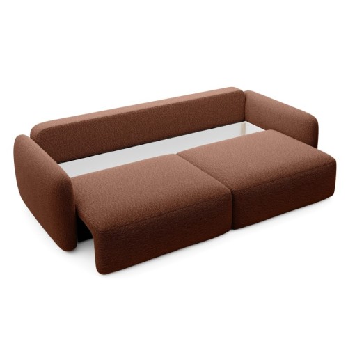 Sofa rozkładana Botse Lux z pojemnikiem, obłe kształty, miedziana, boucle