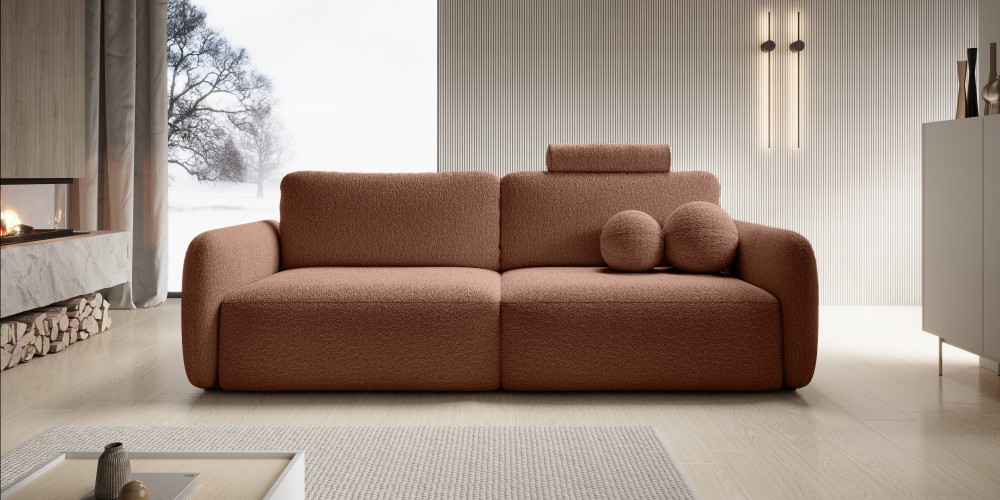 Sofa rozkładana Botse Lux z pojemnikiem, obłe kształty, miedziana, boucle