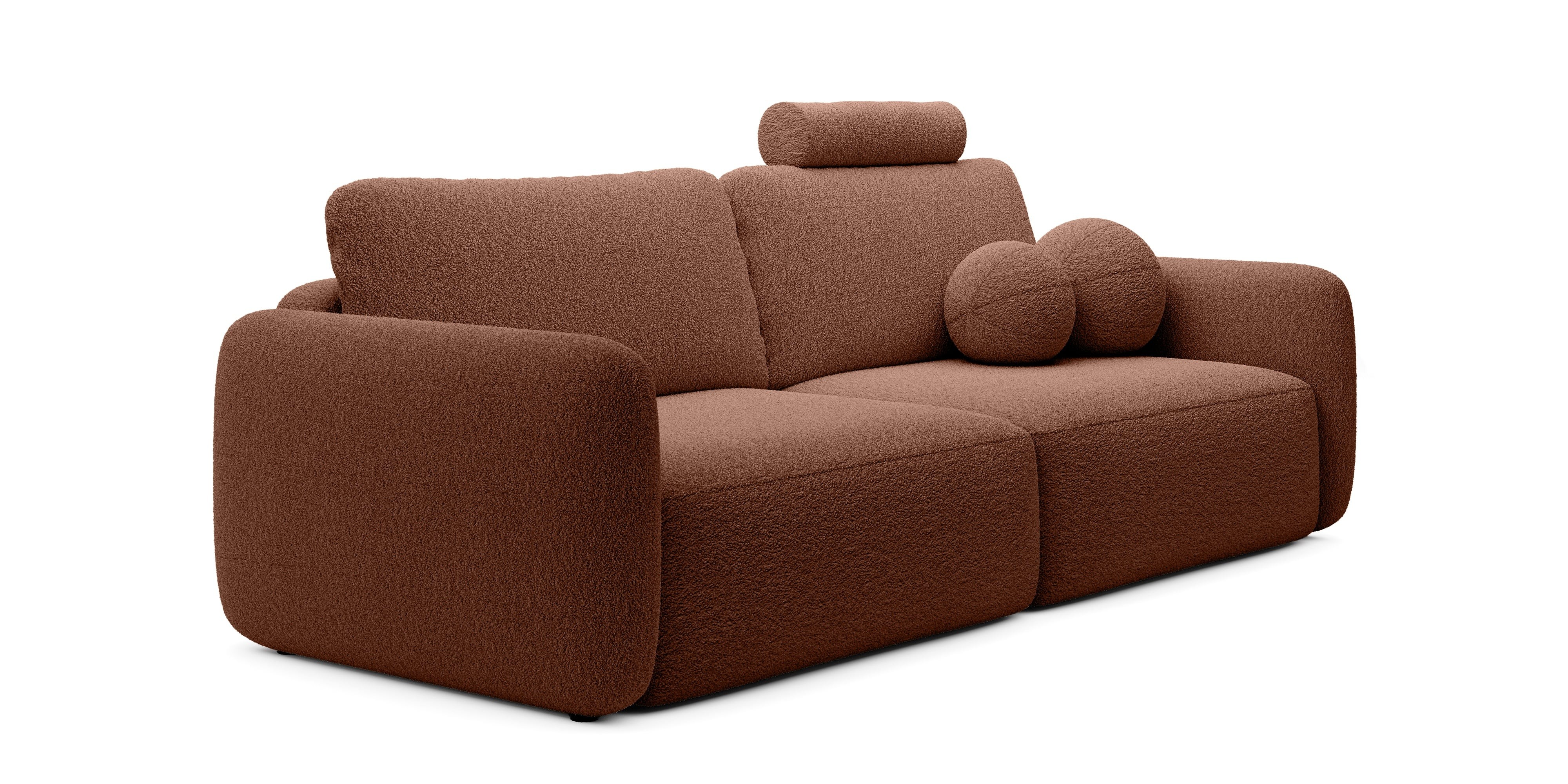 Sofa rozkładana Botse Lux z pojemnikiem, obłe kształty, miedziana, boucle