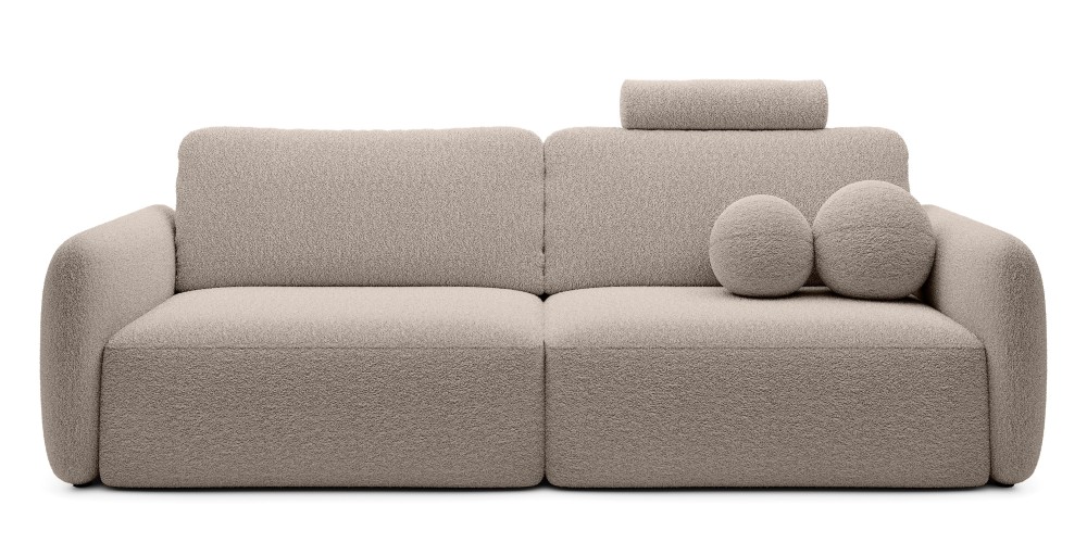 Sofa rozkładana Botse Lux z pojemnikiem, obłe kształty, beżowa, boucle