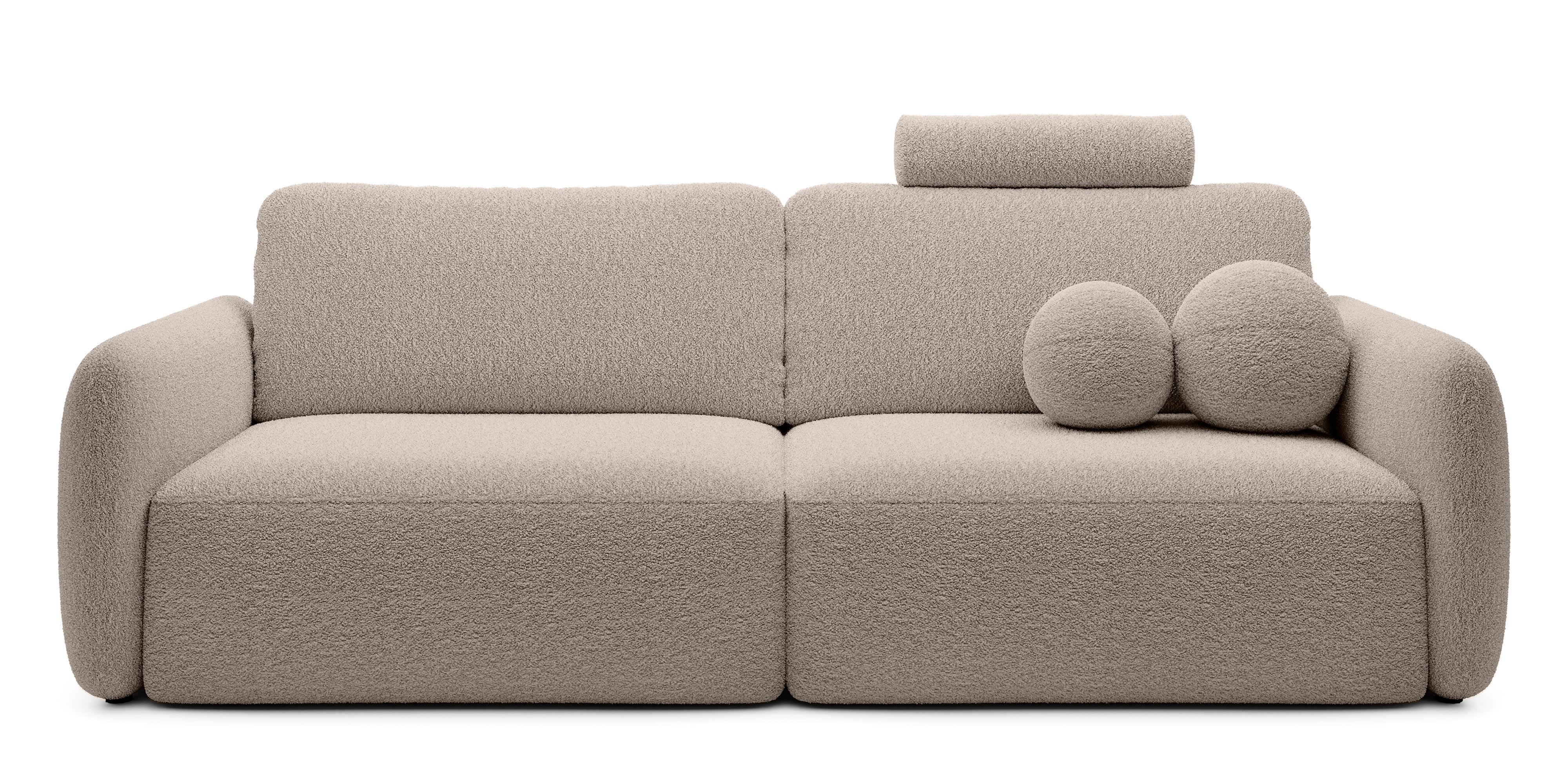 Sofa rozkładana Botse Lux z pojemnikiem, obłe kształty, beżowa, boucle