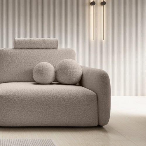 Sofa rozkładana Botse Lux z pojemnikiem, obłe kształty, beżowa, boucle