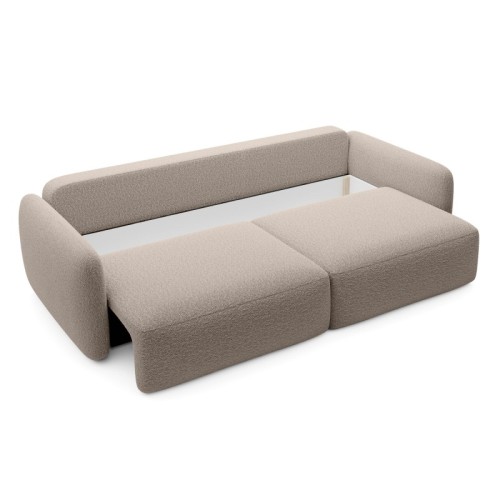 Sofa rozkładana Botse Lux z pojemnikiem, obłe kształty, beżowa, boucle