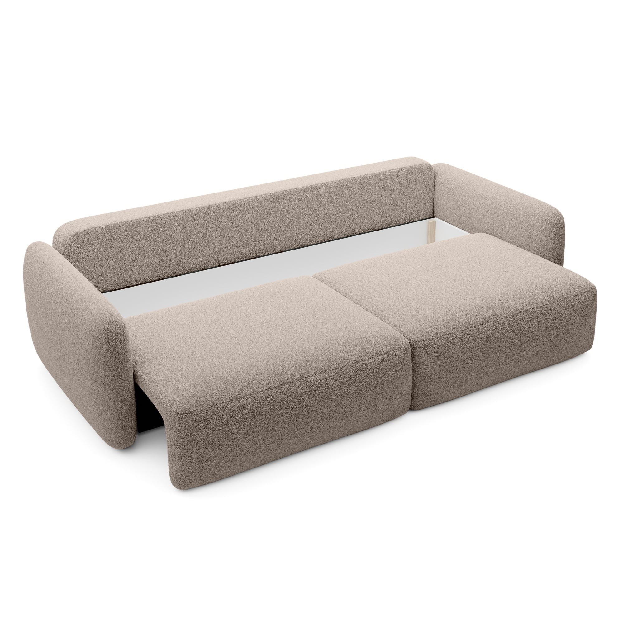 Sofa rozkładana Botse Lux z pojemnikiem, obłe kształty, beżowa, boucle