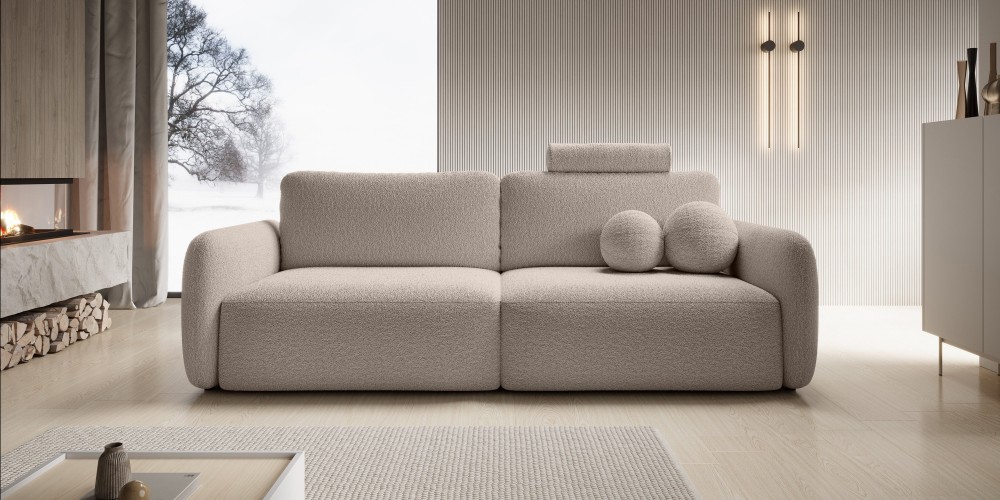 Sofa rozkładana Botse Lux z pojemnikiem, obłe kształty, beżowa, boucle