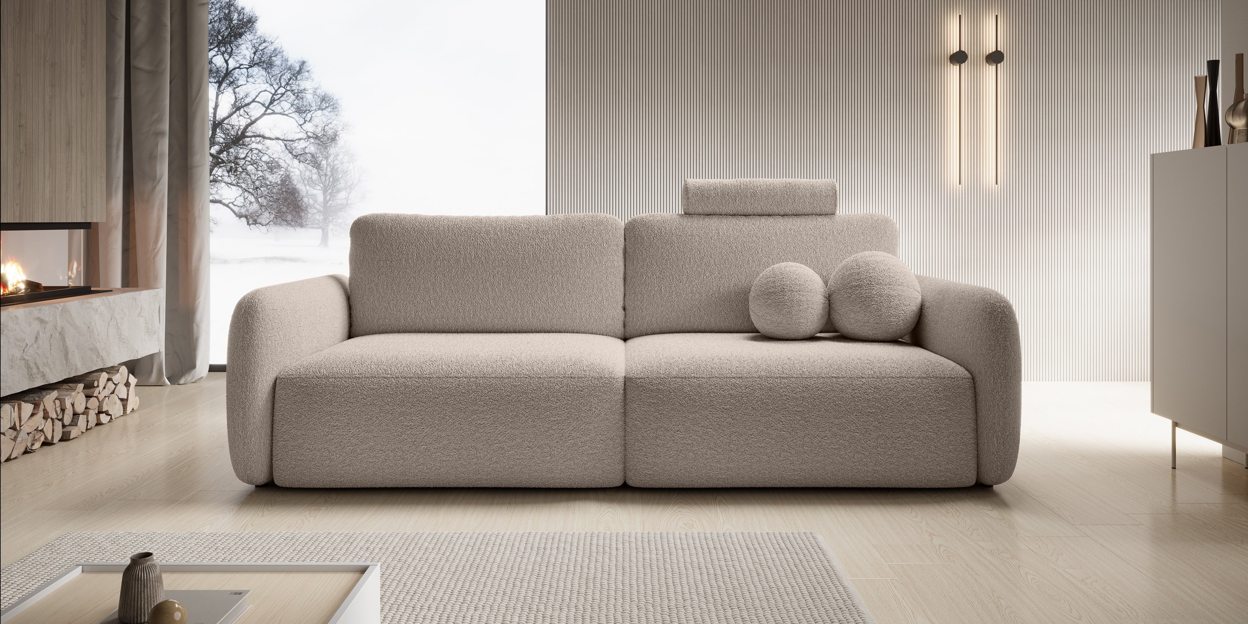 Sofa rozkładana Botse Lux z pojemnikiem, obłe kształty, beżowa, boucle