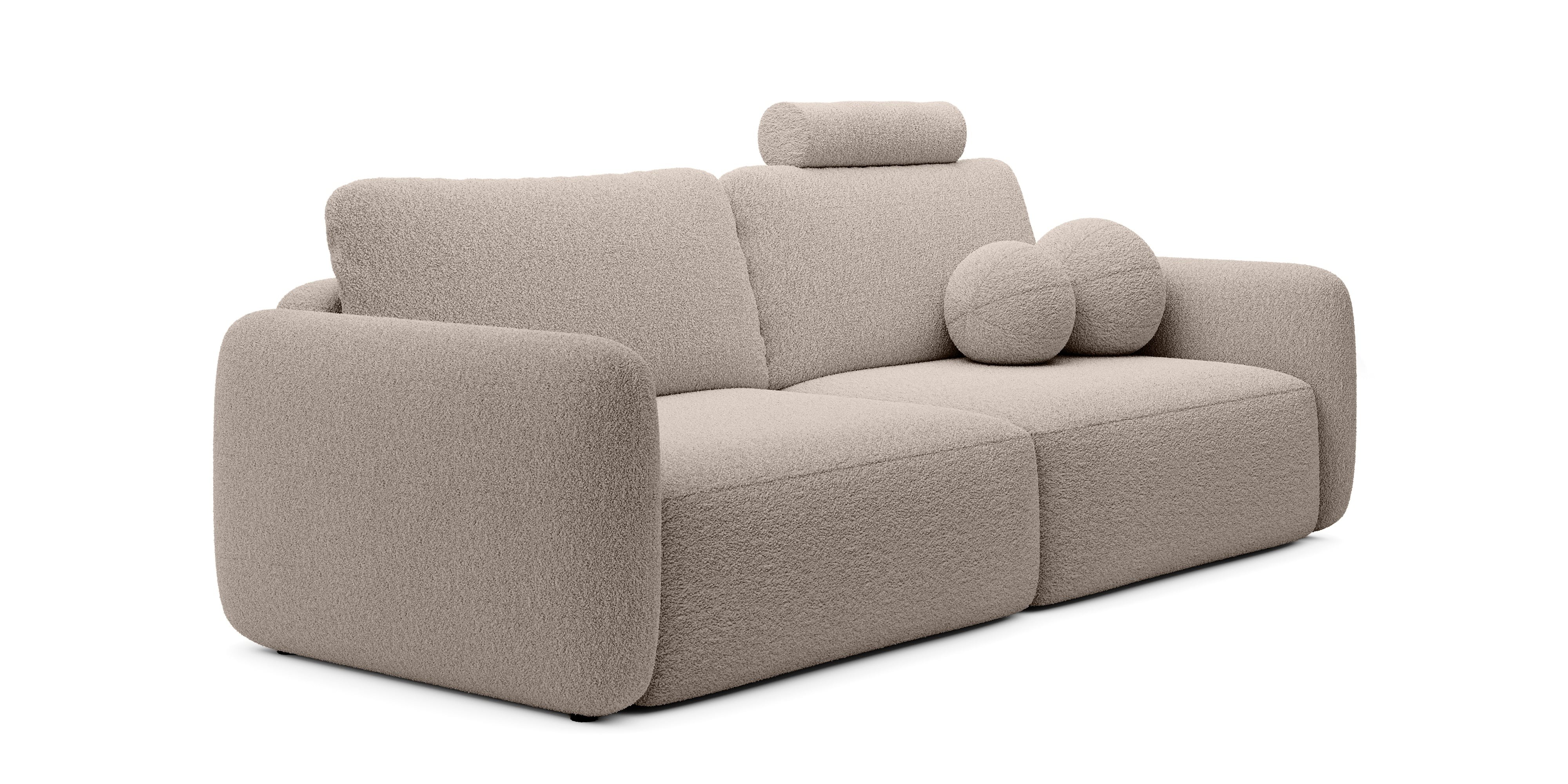 Sofa rozkładana Botse Lux z pojemnikiem, obłe kształty, beżowa, boucle