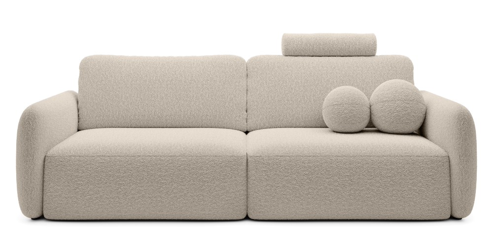 Sofa rozkładana Botse Lux z pojemnikiem, obłe kształty, jasnobeżowa, boucle