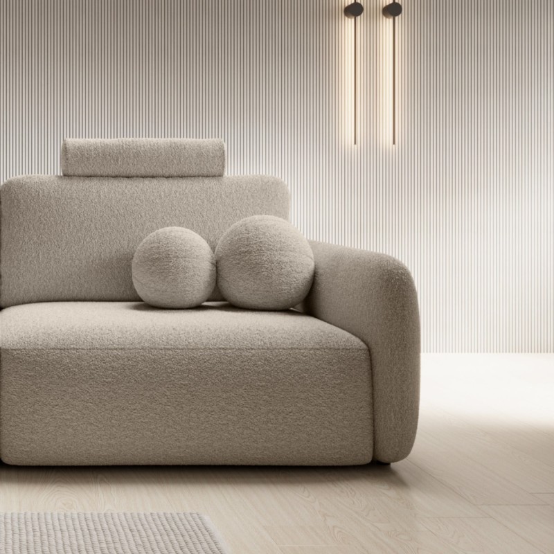 Sofa rozkładana Botse Lux z pojemnikiem, obłe kształty, jasnobeżowa, boucle