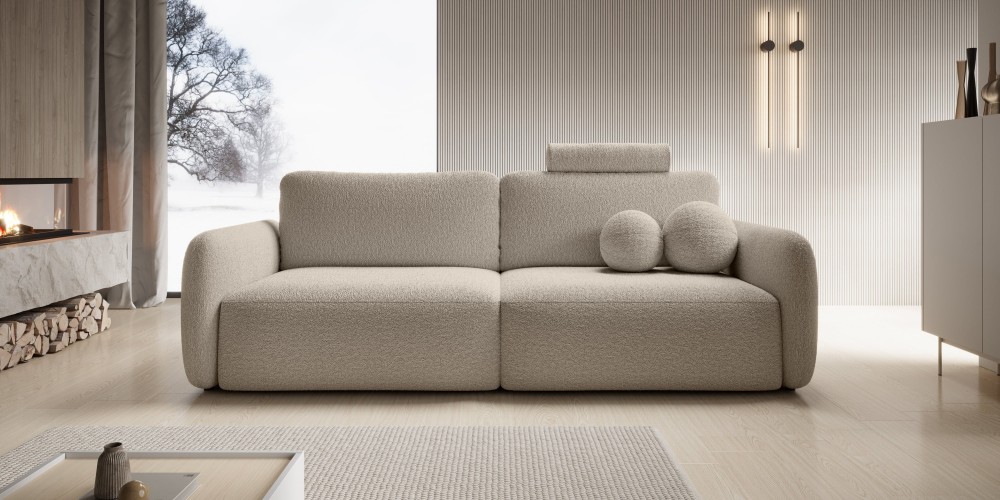 Sofa rozkładana Botse Lux z pojemnikiem, obłe kształty, jasnobeżowa, boucle