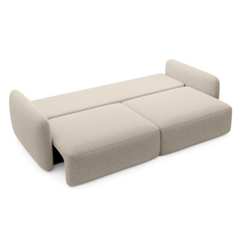 Sofa rozkładana Botse Lux z pojemnikiem, obłe kształty, jasnobeżowa, boucle