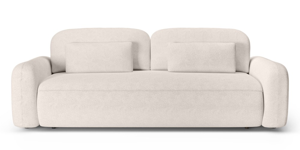 Sofa z funkcją spania i pojemnikiem Hoschi, kremowa, boucle, obłe kształty