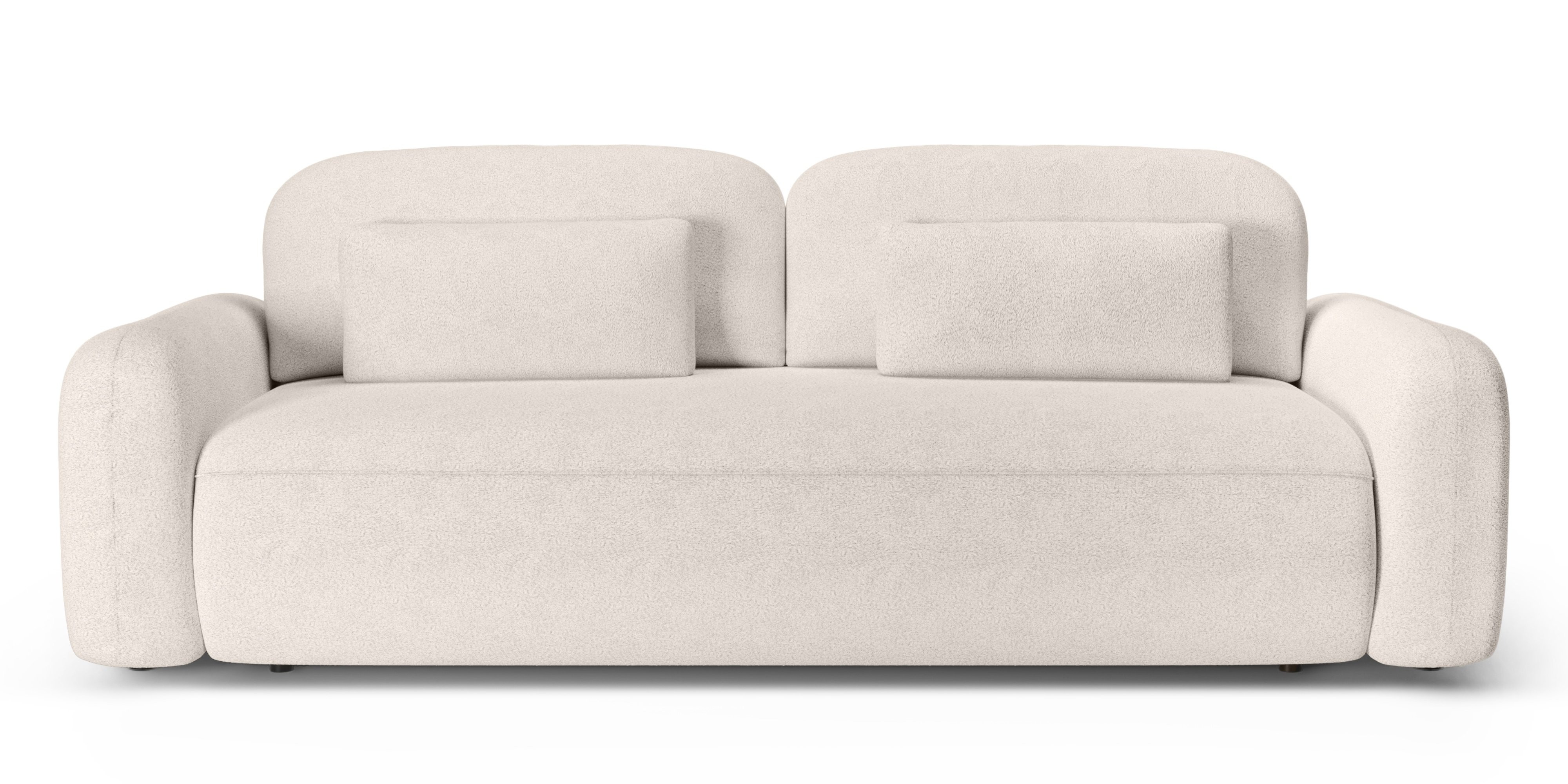 Sofa z funkcją spania i pojemnikiem Hoschi, kremowa, boucle, obłe kształty