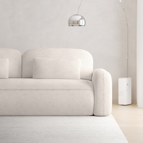 Sofa z funkcją spania i pojemnikiem Hoschi, kremowa, boucle, obłe kształty