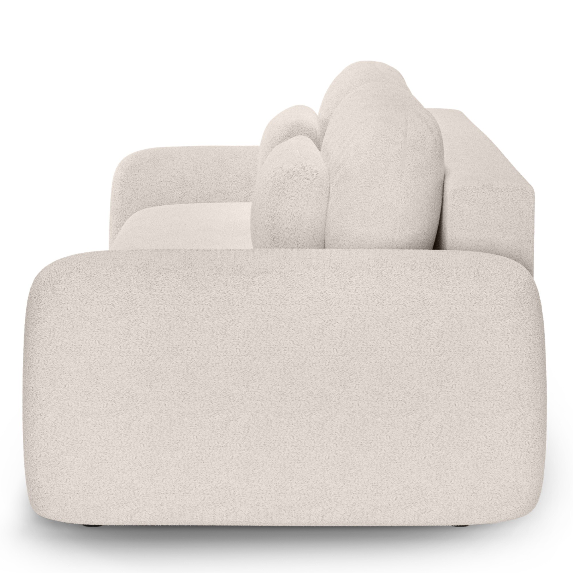 Sofa z funkcją spania i pojemnikiem Hoschi, kremowa, boucle, obłe kształty