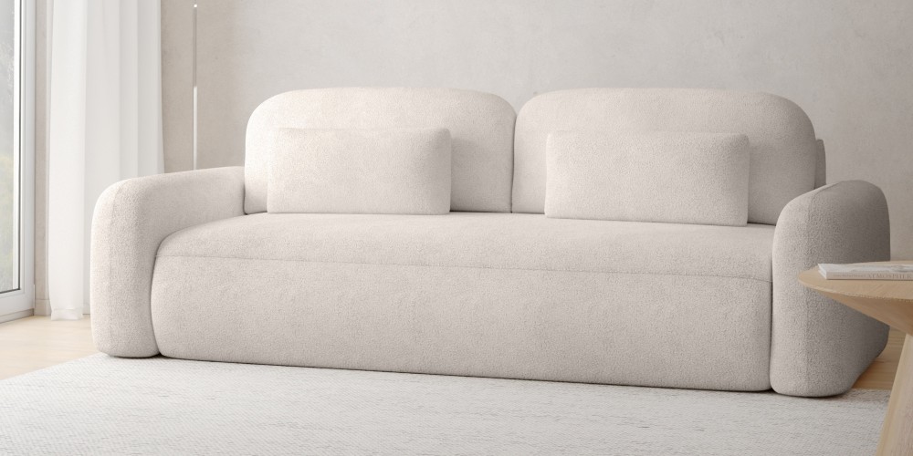 Sofa z funkcją spania i pojemnikiem Hoschi, kremowa, boucle, obłe kształty