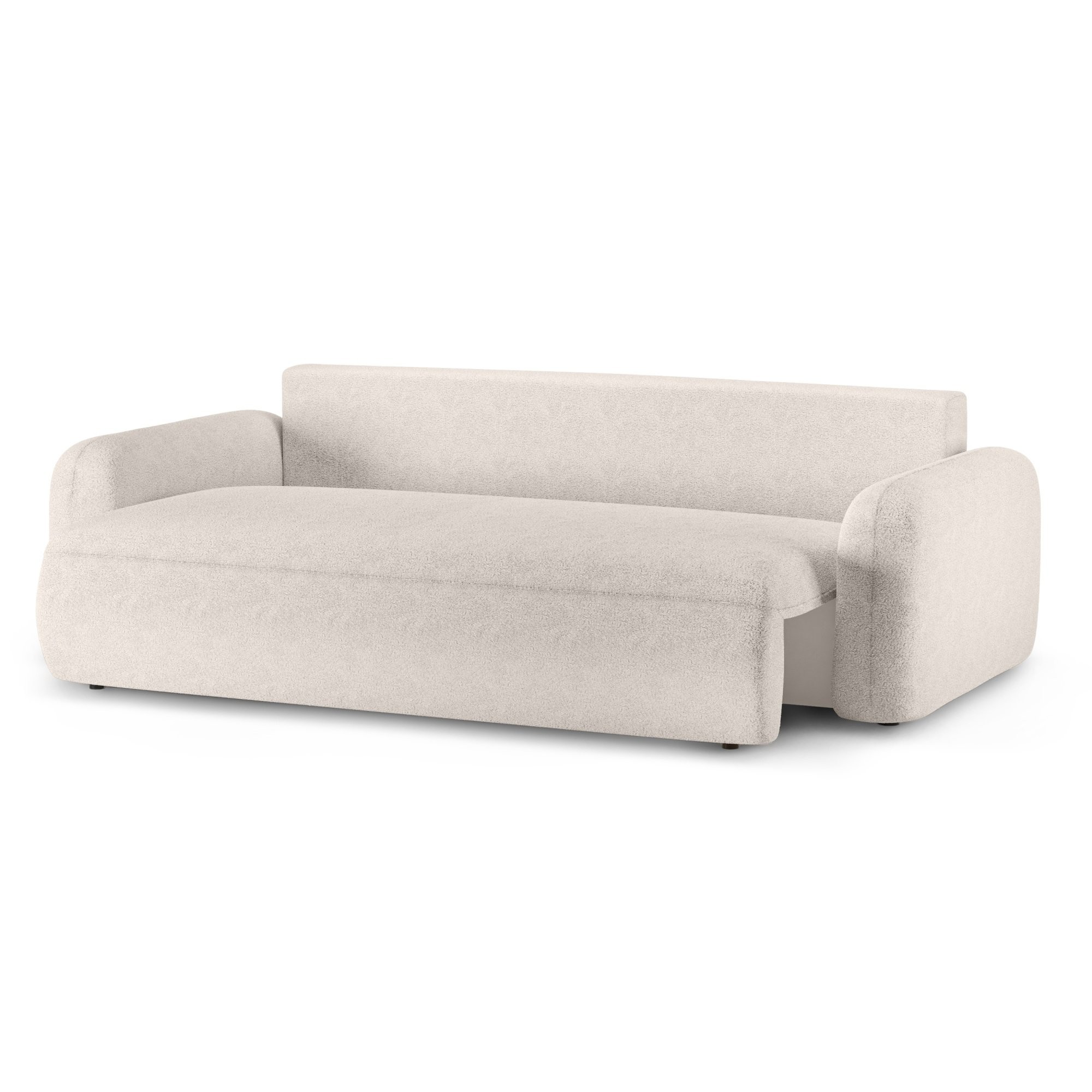 Sofa z funkcją spania i pojemnikiem Hoschi, kremowa, boucle, obłe kształty