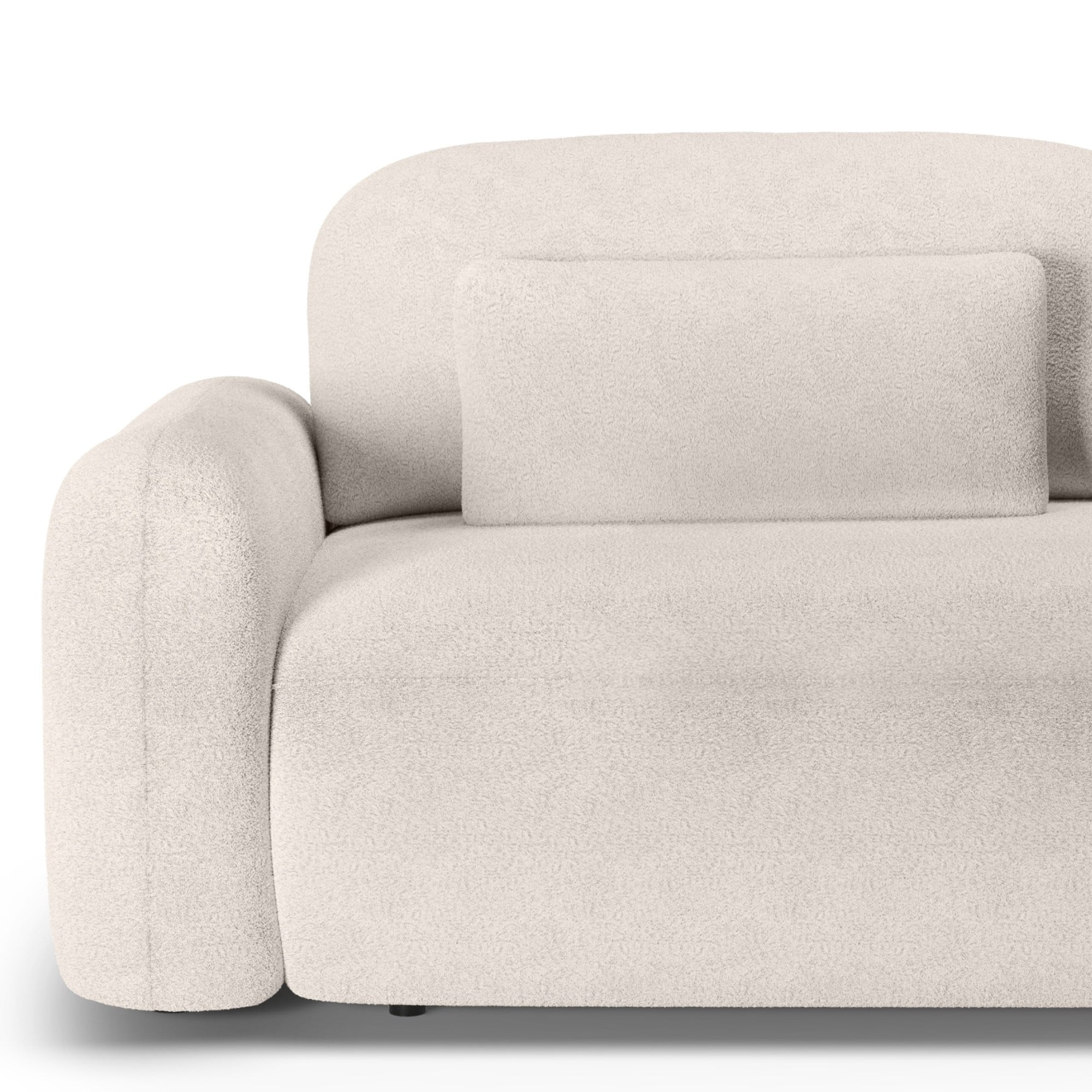 Sofa z funkcją spania i pojemnikiem Hoschi, kremowa, boucle, obłe kształty