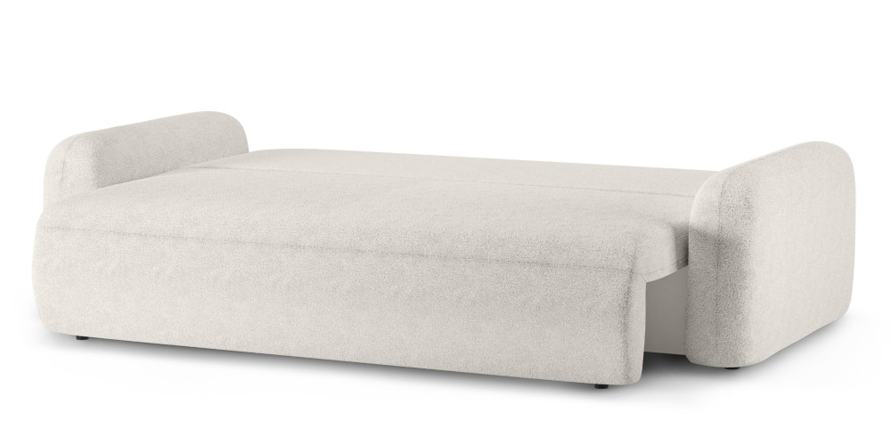 Sofa z funkcją spania i pojemnikiem Hoschi, kremowa, boucle, obłe kształty