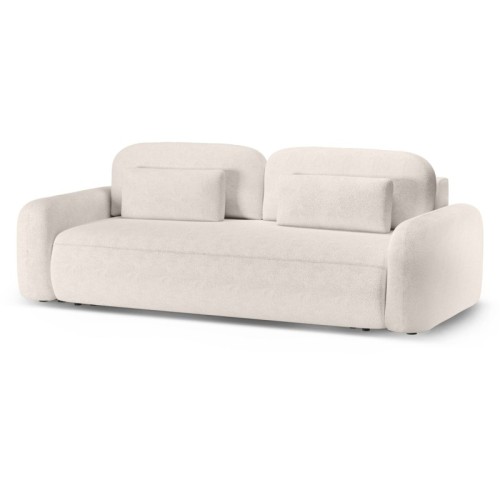 Sofa z funkcją spania i pojemnikiem Hoschi, kremowa, boucle, obłe kształty